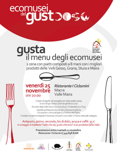 Cena con  IL MENU DEGLI ECOMUSEI  venerdì 25  novembre 2022 a Macra al Ristorante I ciclamini