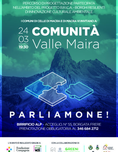Comunità Valle Maira PARLIAMONE – incontro del Percorso di progettazione partecipata B.R.I.C.A. al Birrificio Alp di Acceglio  venerdì 24 marzo
