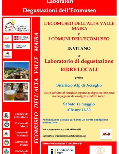 Laboratorio DEGUSTAZIONE ALL’ECOMUSEO al Birrificio Alp ad Acceglio sabato 13 maggio