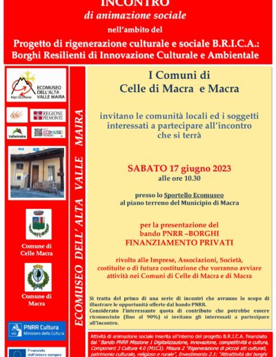 INCONTRO sulla Linea finanziamento Imprenditoria e Associazioni del BANDO PNRR BORGHI a Macra  sabato 17 giugno 2023